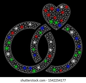 Bright mesh wedding rings with lightspot effect. White wire frame triangular mesh in vector format on a black background. Abstract 2d mesh designed with triangles, round dots, colored glare spots.