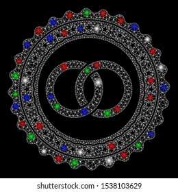 Bright mesh wedding rings stamp with glare effect. White wire frame polygonal mesh in vector format on a black background. Abstract 2d mesh designed with triangular lines, points,