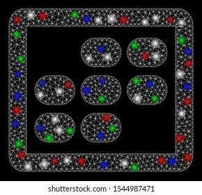 Bright mesh week calendar with glare effect. White wire frame polygonal mesh in vector format on a black background. Abstract 2d mesh created from triangles, small circle, colorful glare spots.