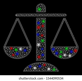 Bright mesh weight scales with lightspot effect. White wire frame polygonal mesh in vector format on a black background. Abstract 2d mesh designed with triangles, round dots, colored flash spots.