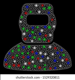 Bright mesh welder with glare effect. White wire frame polygonal network in vector format on a black background. Abstract 2d mesh designed with triangles, dots, colorful glare spots.