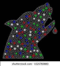 Bright mesh werewolf with glare effect. White wire carcass polygonal mesh in vector format on a black background. Abstract 2d mesh designed with polygonal grid, dots, colored glare spots.