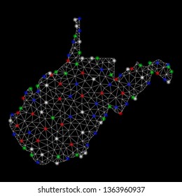 Bright mesh West Virginia State map with glare effect. Wire frame triangular mesh in vector format on a black background. Abstract 2d mesh built from triangular lines, round dots,