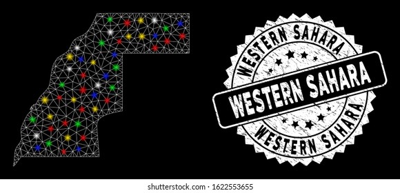 Bright mesh Western Sahara map with glare effect, and rubber print. Wire carcass polygonal Western Sahara map network in vector format on a black background.