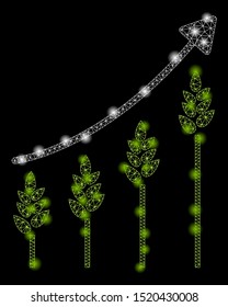 Bright mesh wheat growing chart with glare effect. Abstract illuminated model of wheat growing chart icon. Shiny wire frame triangular mesh wheat growing chart.