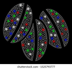 Bright mesh wheat seeds with lightspot effect. White wire frame triangular mesh in vector format on a black background. Abstract 2d mesh designed with triangular lines, small circle,