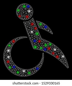 Bright mesh wheelchair with glare effect. White wire carcass triangular mesh in vector format on a black background. Abstract 2d mesh built from polygonal grid, small circle, colored glare spots.
