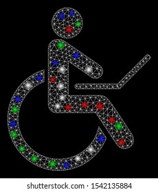 Bright mesh wheelchair with glare effect. White wire carcass triangular mesh in vector format on a black background. Abstract 2d mesh created from triangular lines, round dots, colorful glare spots.