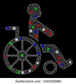 Bright mesh wheelchair with glare effect. White wire carcass polygonal mesh in vector format on a black background. Abstract 2d mesh built from polygonal grid, spheric points, colorful light spots.