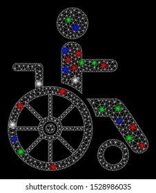 Bright mesh wheelchair with lightspot effect. White wire carcass triangular mesh in vector format on a black background. Abstract 2d mesh designed with triangular lines, spheric points,