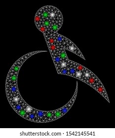 Bright mesh wheelchair with lightspot effect. White wire frame polygonal mesh in vector format on a black background. Abstract 2d mesh designed with triangles, dots, colored flash spots.