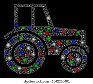 Bright mesh wheeled tractor with glare effect. White wire carcass triangular mesh in vector format on a black background. Abstract 2d mesh designed with triangular lines, dots, colorful light spots.