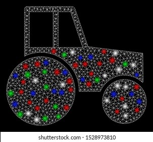 Bright mesh wheeled tractor with glow effect. White wire carcass polygonal network in vector format on a black background. Abstract 2d mesh designed with polygonal grid, round dots,