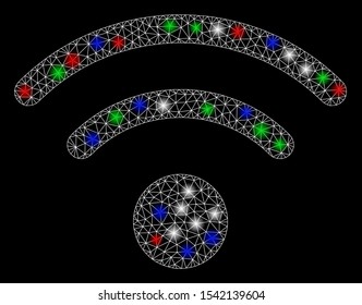 Bright mesh Wi-Fi with lightspot effect. White wire frame triangular network in vector format on a black background. Abstract 2d mesh designed with triangular lines, round dots, colored flash spots.