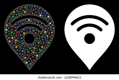 Bright mesh Wi-Fi map marker icon with lightspot effect. Abstract illuminated model of Wi-Fi map marker. Shiny wire carcass triangular mesh Wi-Fi map marker icon.