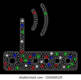 Bright mesh Wi-Fi modem with glow effect. White wire frame triangular mesh in vector format on a black background. Abstract 2d mesh created from triangular lines, round dots, colorful flash spots.