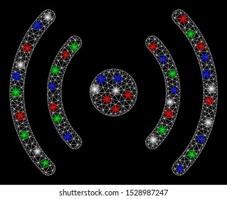 Bright mesh Wi-Fi source with glare effect. White wire frame triangular mesh in vector format on a black background. Abstract 2d mesh designed with triangular lines, points, colored flare spots.