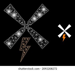 Bright mesh wind electric generation web icon with glitter light spots. Illuminated constellation is generated from wind electric generation vector icon.