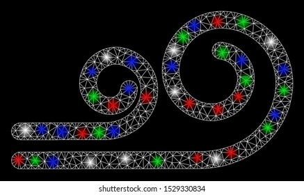 Bright mesh wind with lightspot effect. White wire carcass triangular mesh in vector format on a black background. Abstract 2d mesh designed with triangular lines, small circle, colored flash spots.