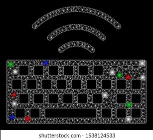 Bright mesh wireless keyboard with lightspot effect. White wire frame triangular mesh in vector format on a black background. Abstract 2d mesh designed with triangular lines, dots,