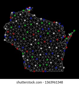 Bright mesh Wisconsin State map with glow effect. Wire frame triangular mesh in vector format on a black background. Abstract 2d mesh created from triangular lines, points, colored glare spots.