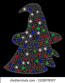 Bright mesh witch face with glare effect. White wire frame triangular mesh in vector format on a black background. Abstract 2d mesh designed with triangular lines, dots, colored flare spots.