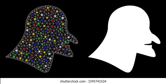 Bright mesh witch head icon with glitter effect. Abstract illuminated model of witch head. Shiny wire carcass polygonal mesh witch head icon. Vector abstraction on a black background.