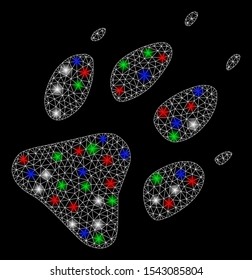 Bright mesh wolf footprint with lightspot effect. White wire frame polygonal mesh in vector format on a black background. Abstract 2d mesh created from polygonal grid, dots, colorful flash spots.
