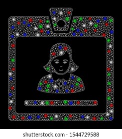 Bright mesh woman badge with glare effect. White wire frame triangular mesh in vector format on a black background. Abstract 2d mesh designed with polygonal grid, dots, colorful flare spots.