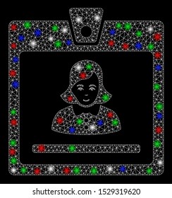 Bright mesh woman badge with glow effect. White wire carcass triangular mesh in vector format on a black background. Abstract 2d mesh designed with triangular lines, round dots, colorful flash spots.