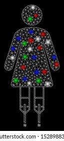 Bright mesh woman crutches with glare effect. White wire carcass polygonal network in vector format on a black background. Abstract 2d mesh designed with polygonal grid, round dots,