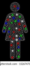 Bright mesh woman with glare effect. White wire carcass polygonal mesh in vector format on a black background. Abstract 2d mesh created from polygonal grid, dots, colorful flare spots.