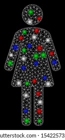 Bright mesh woman with glare effect. White wire carcass polygonal network in vector format on a black background. Abstract 2d mesh designed with polygonal grid, round dots, colorful glare spots.