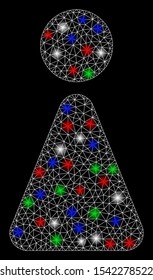 Bright mesh woman with glare effect. White wire frame triangular mesh in vector format on a black background. Abstract 2d mesh designed with triangular lines, dots, colored flare spots.