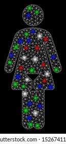 Bright mesh woman with glow effect. White wire carcass polygonal mesh in vector format on a black background. Abstract 2d mesh designed with polygonal grid, round dots, colorful flare spots.