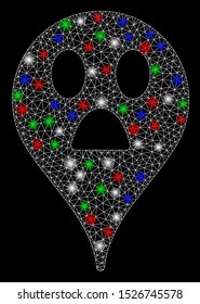 Bright mesh wonder smiley map marker with glare effect. White wire frame polygonal mesh in vector format on a black background. Abstract 2d mesh built from polygonal grid, round dots,