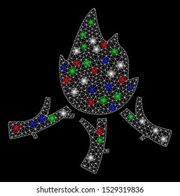 Bright mesh wood campfire with glare effect. White wire carcass polygonal network in vector format on a black background. Abstract 2d mesh designed with polygonal grid, dots, colored flash spots.