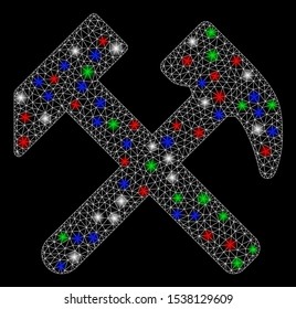 Bright mesh work with glare effect. White wire frame triangular mesh in vector format on a black background. Abstract 2d mesh created from polygonal grid, dots, colored glare spots.