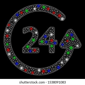 Bright mesh work time with glare effect. White wire frame polygonal mesh in vector format on a black background. Abstract 2d mesh designed with polygonal grid, spheric points, colored light spots.