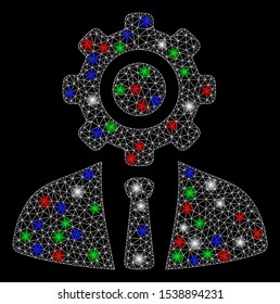 Bright mesh worker with glare effect. White wire carcass triangular network in vector format on a black background. Abstract 2d mesh designed with polygonal grid, round dots, colorful glare spots.