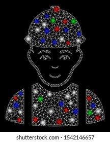 Bright mesh worker with glare effect. White wire frame triangular network in vector format on a black background. Abstract 2d mesh built from triangular lines, points, colorful glare spots.