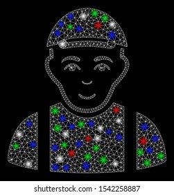 Bright mesh worker with glare effect. White wire carcass triangular mesh in vector format on a black background. Abstract 2d mesh designed with triangular lines, dots, colorful flare spots.
