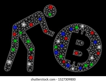 Bright mesh worker roll Bitcoin with glow effect. White wire carcass polygonal network in vector format on a black background. Abstract 2d mesh designed with polygonal grid, small circle,
