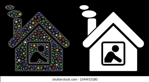 Bright mesh workshop building icon with sparkle effect. Abstract illuminated model of workshop building. Shiny wire frame polygonal mesh workshop building icon.