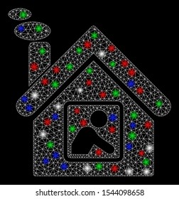 Bright mesh workshop building with lightspot effect. White wire frame triangular mesh in vector format on a black background. Abstract 2d mesh designed with triangular lines, round dots,