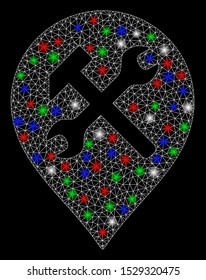 Bright mesh workshop map marker with lightspot effect. White wire frame triangular mesh in vector format on a black background. Abstract 2d mesh designed with triangular lines, spheric points,