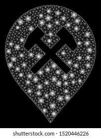 Bright mesh workshop marker with glare effect. Abstract illuminated model of workshop marker icon. Shiny wire frame polygonal network workshop marker. Vector abstraction on a black background.