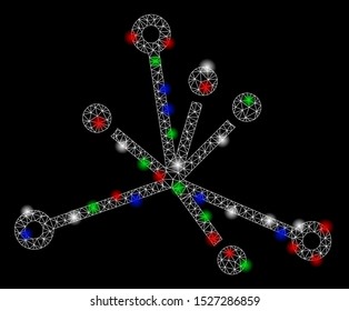 Bright mesh world boom with lightspot effect. White wire carcass triangular mesh in vector format on a black background. Abstract 2d mesh designed with polygonal grid, spheric points,