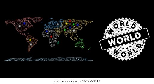 Bright mesh world continent map with lightspot effect, and rubber print. Wire carcass polygonal world continent map mesh in vector format on a black background.