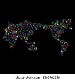 Bright mesh world map with glare effect. Wire carcass polygonal mesh in vector format on a black background. Abstract 2d mesh designed with polygonal grid, small circle, colorful flash spots.